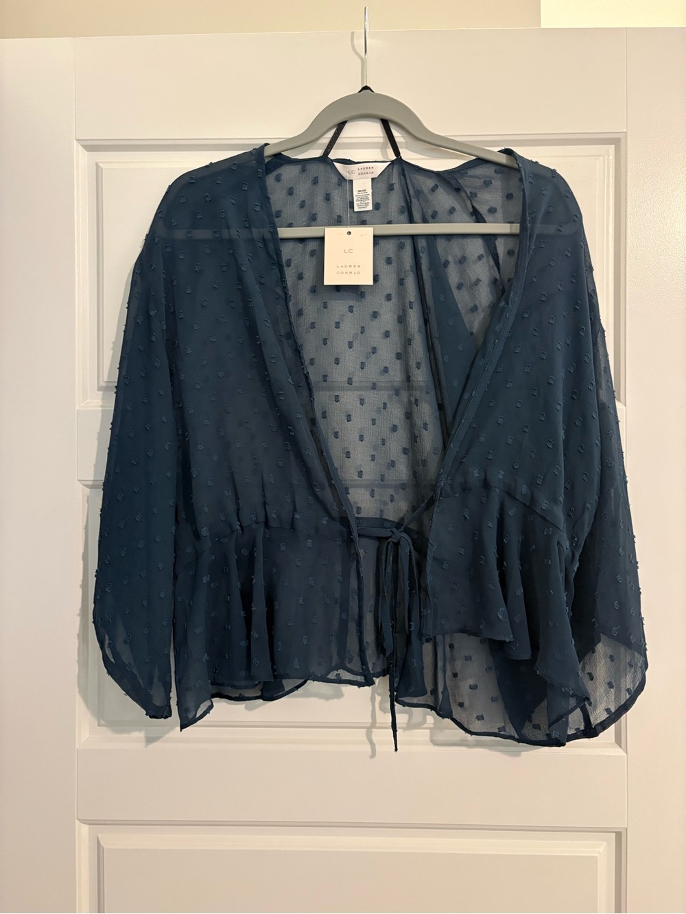 Dark Blue Polka Dot Tie-Front Top